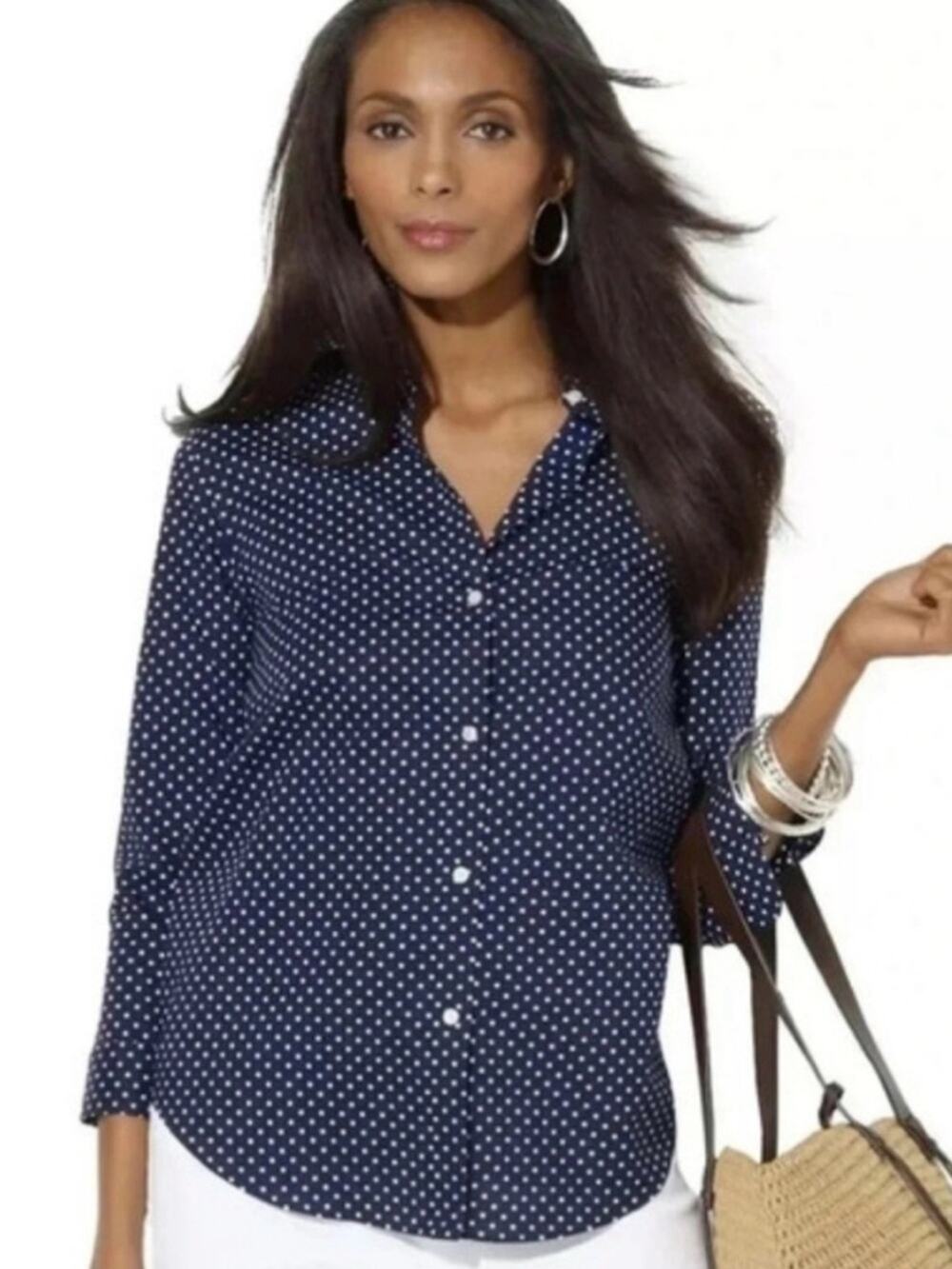 Ralph Lauren Non Iron Polka Dot Button Down Shirt Blue White 3/4 Sleeve LARGE